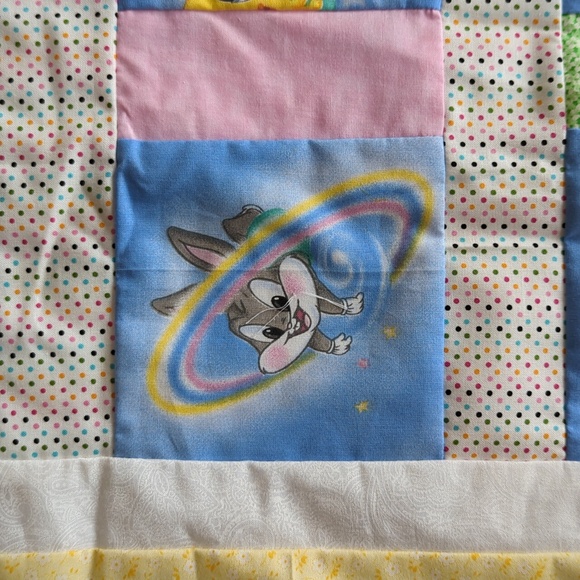 Vintage 90's Reversible Patchwork Looney Tunes Characters Baby Blanket Blue Pink - Picture 6 of 16
